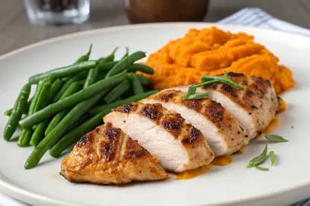 Grilled Chicken with Green Beans and Sweet Potato Mash