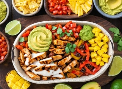 Chicken Fajita Bowl with Guacamole and Salsa