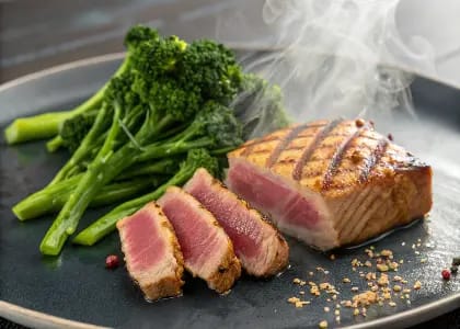 Grilled Flaky Tuna Steak and Steamed Broccolini