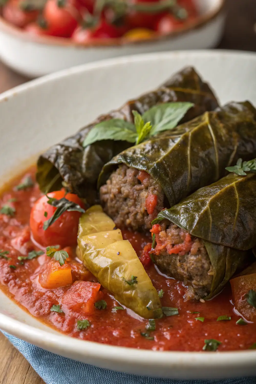 Beef Stuffed Grape Leaves with Tomato Sauce | Mediterranean Meals | Mediterranean Recipes