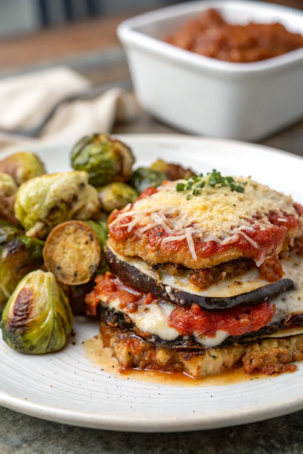 Chicken Eggplant Parmesan with Roasted Garlic Brussels Sprouts