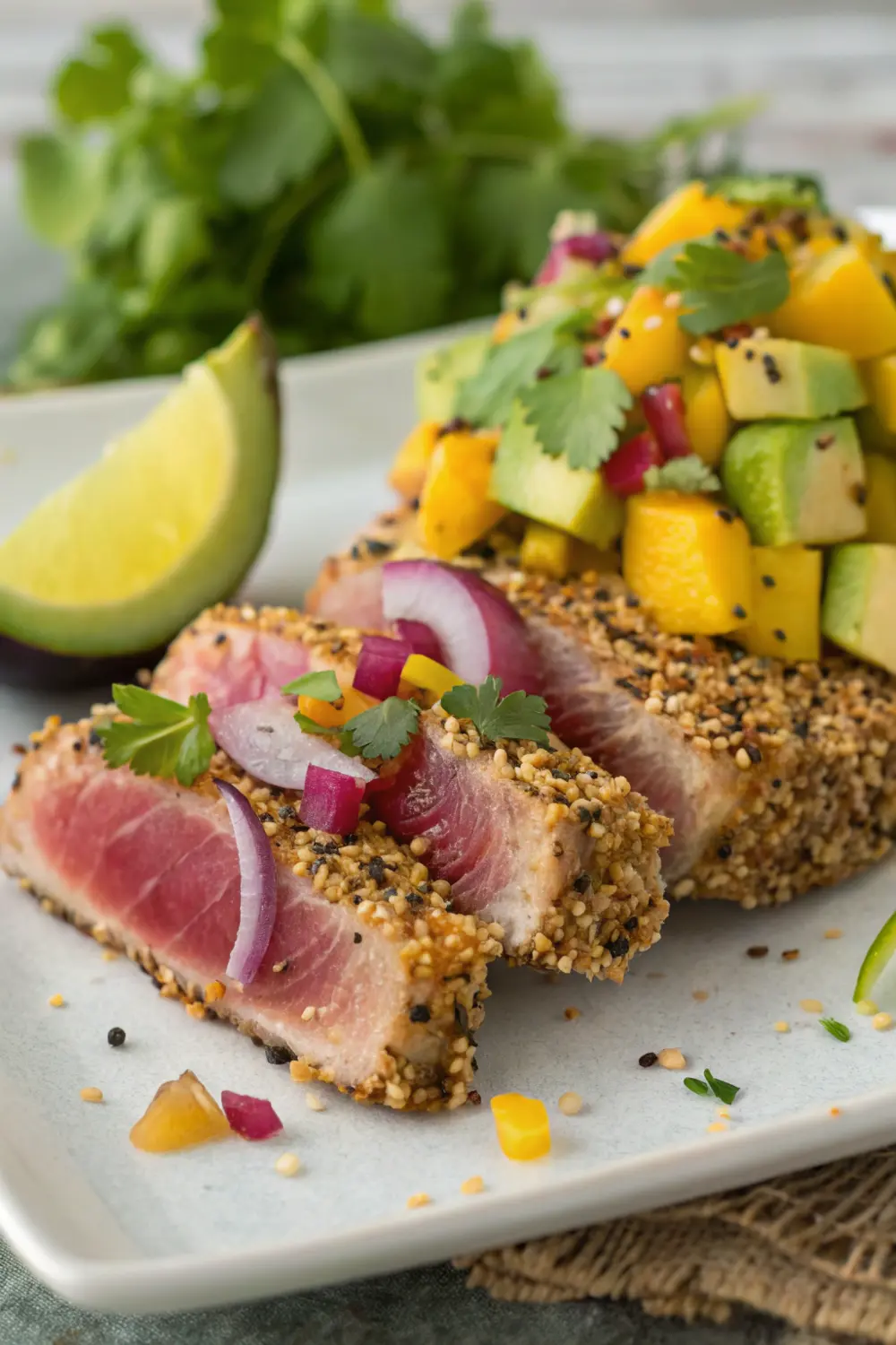 Sesame Crusted Tuna with Mango Salsa and Avocado