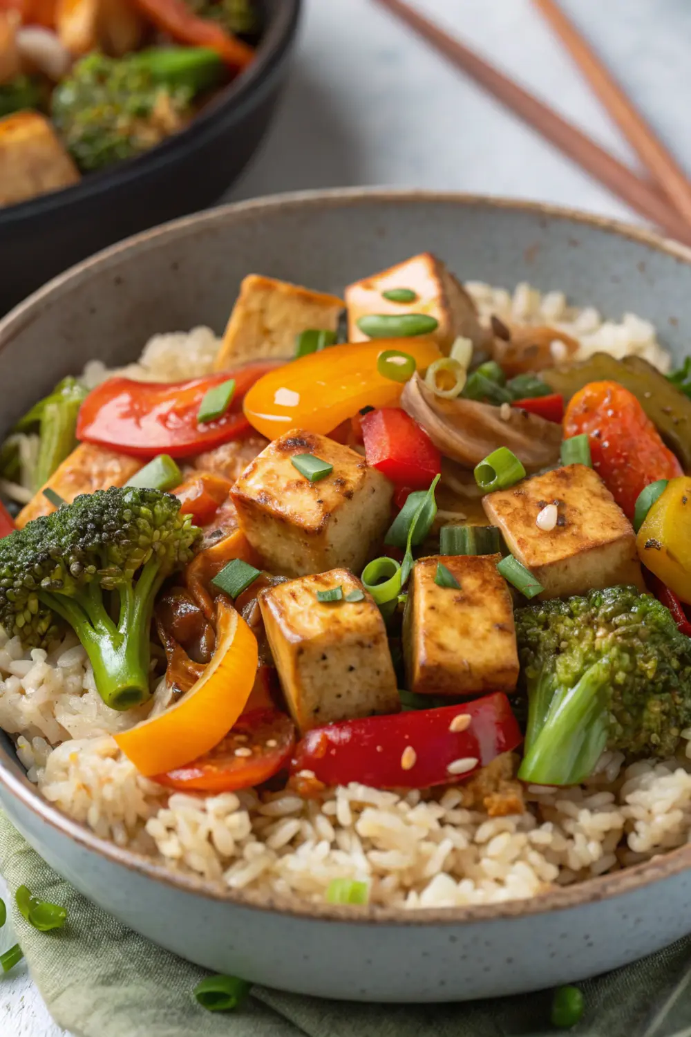 Vegan Tofu Stir Fry with Brown Rice and Garlic Sauce