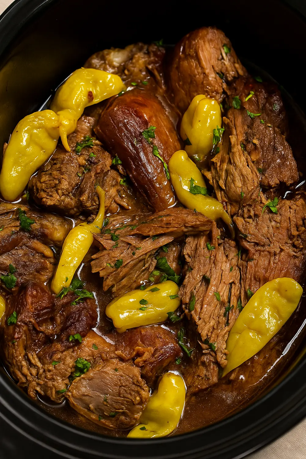Easy Mississippi pot roast recipe made with beef, ranch seasoning, au jus, and pepperoncini for rich, savory flavor, an ideal meal to include in this year's Christmas dinner menu.