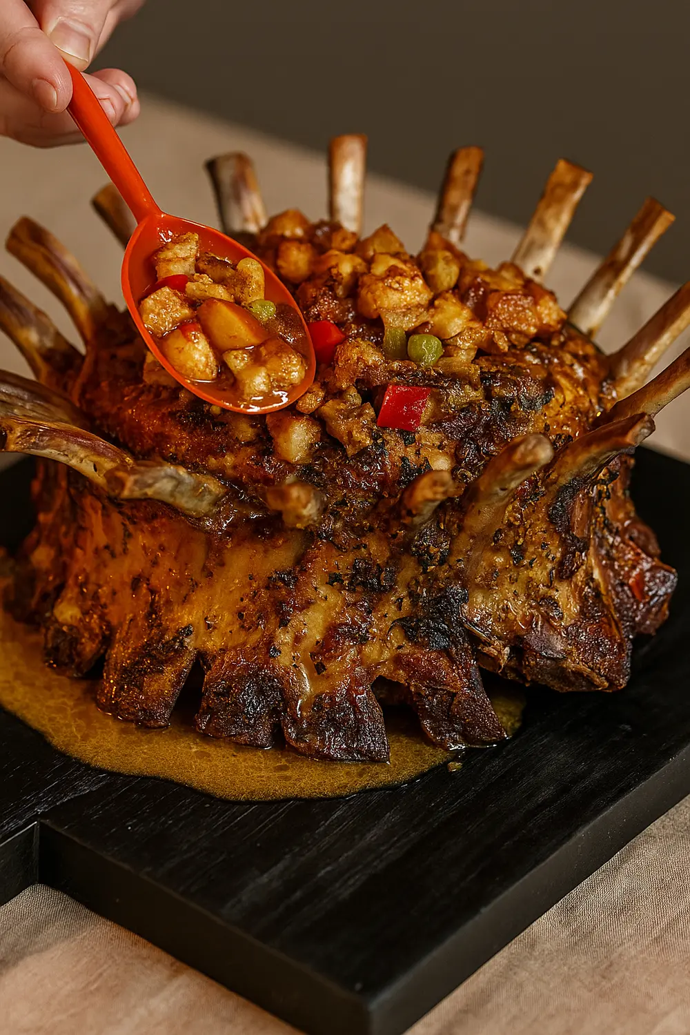 The best crown pork roast recipe features tender, carved pork ribs with an herb crust, perfect for festive holidays such as Christmas dinner or Thanksgiving dinner.