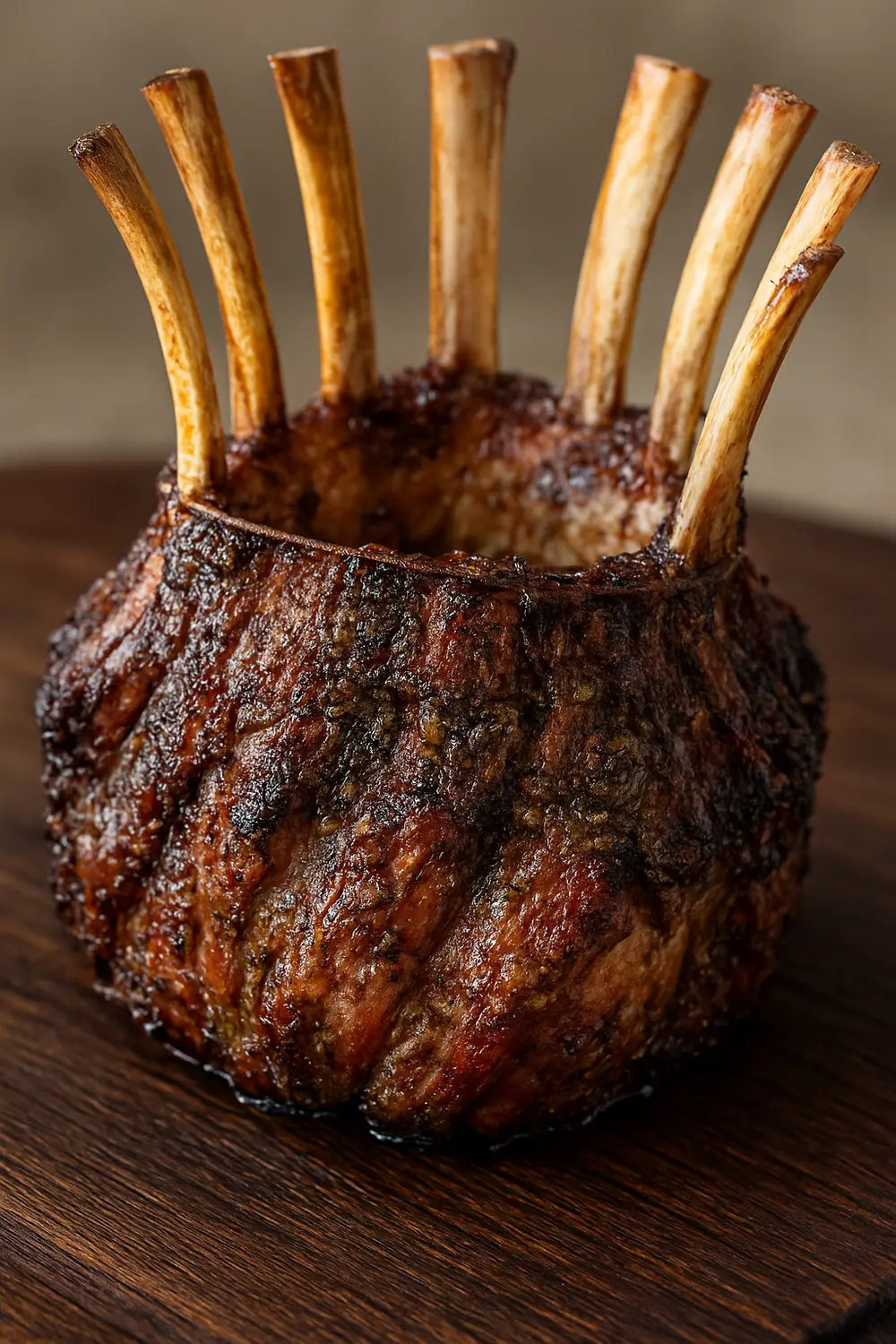 Fully roasted, bronzed crown roast of lamb recipe featuring two grilled racks of lamb chops with a dark, savory crust, perfect for Christmas dinner.