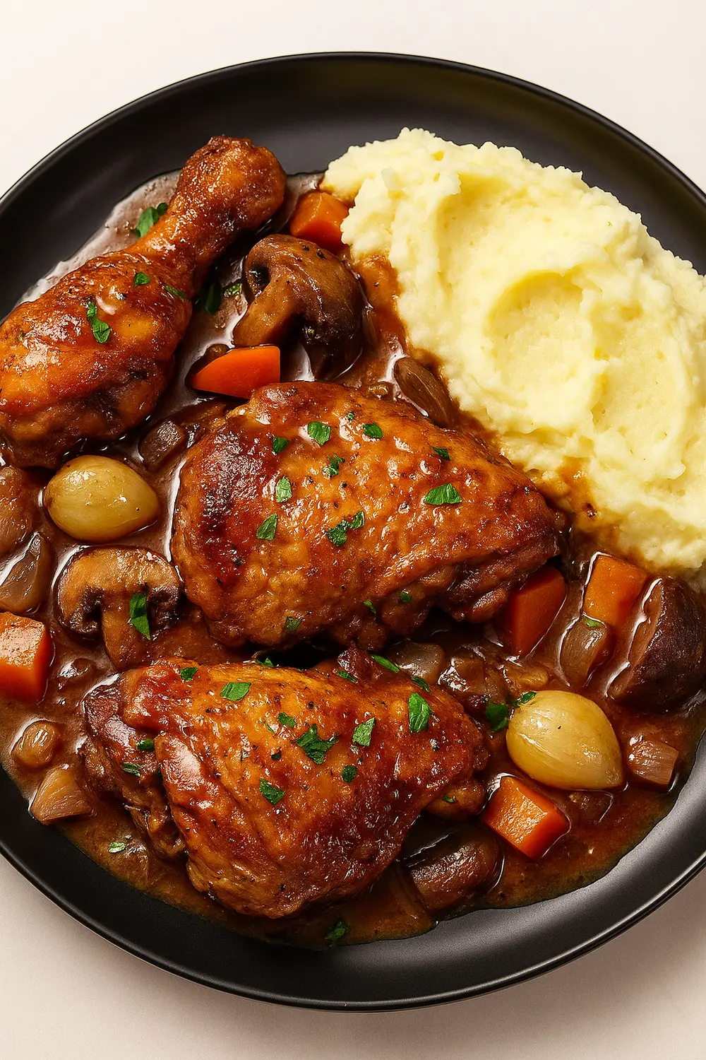 Easy Julia Child Coq au Vin recipe showing tender chicken in a glossy red wine sauce with carrots, mushrooms, and pearl onions over creamy mashed potatoes, perfect Christmas dinner idea for family.