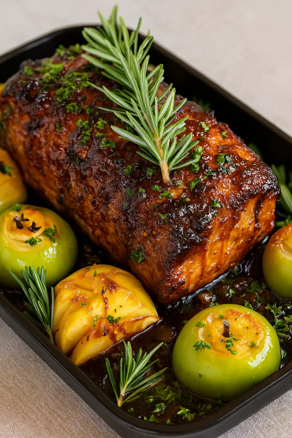 Oven Pork loin roast with a golden crust, garnished with fresh rosemary and baked apples, is one of the best Christmas dinner ideas to try.