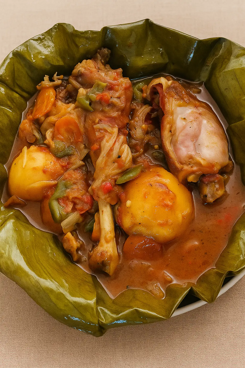 Slow-cooked Ugandan chicken luwombo stew with potatoes and vegetables in a rich tomato sauce, a perfect Christmas dinner meal.