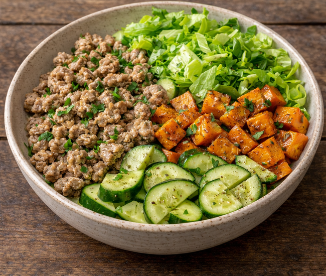 Turkey Burger Bowl with Lettuce and Sweet Potato