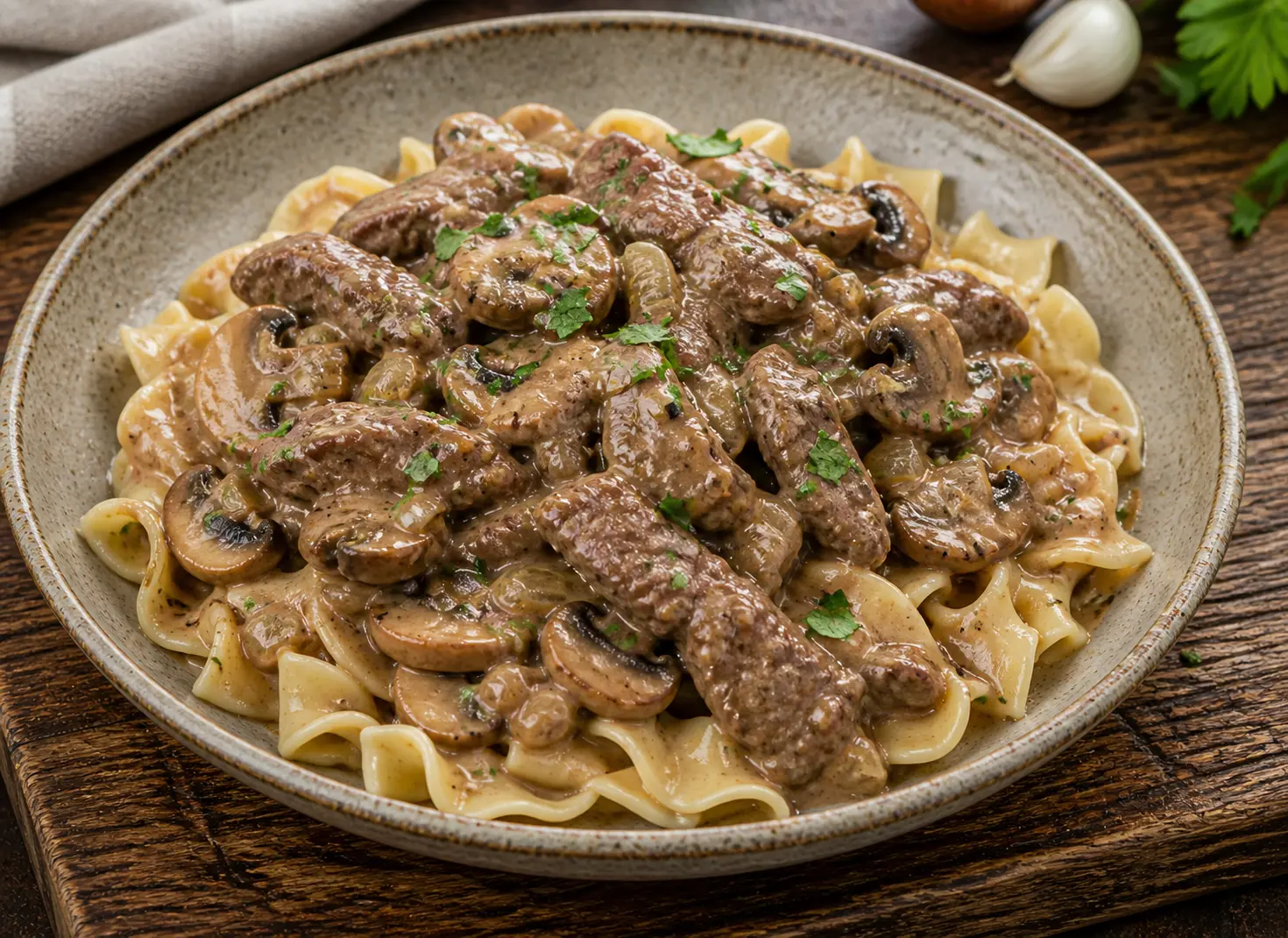Classic beef stroganoff with tender sirloin strips in a creamy mushroom sour cream sauce served over egg noodles for Mother's Day dinner