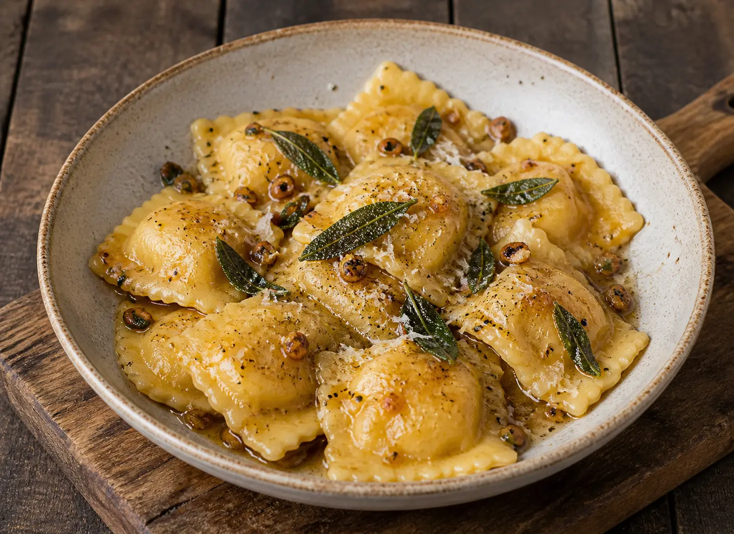 Butternut squash ravioli with crispy sage brown butter and toasted walnuts finished with Parmesan for an elegant Mother's Day dinner