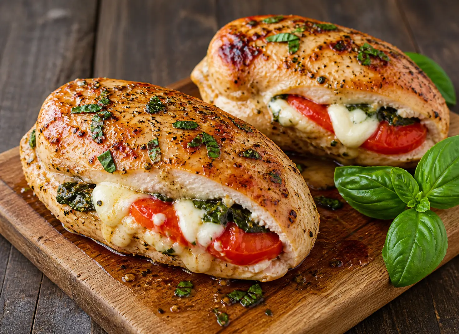 Caprese stuffed chicken breast with melted mozzarella sun-dried tomatoes and basil with balsamic glaze for a stunning Mother's Day dinner