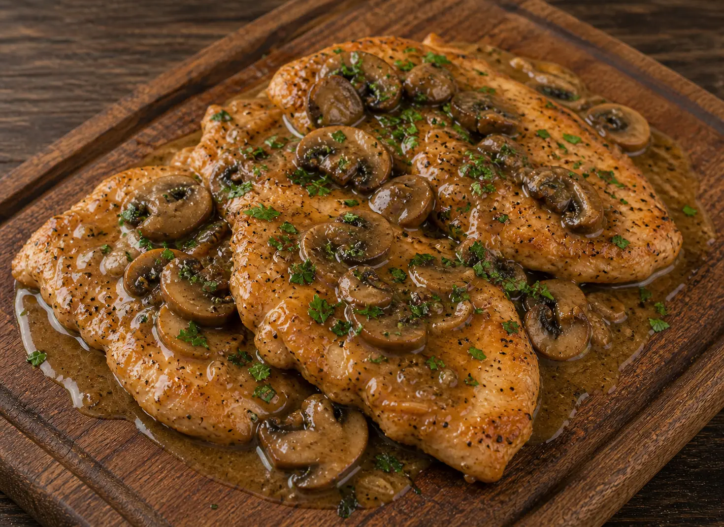 Chicken Marsala with golden pan-fried chicken cutlets in a rich Marsala wine and mushroom sauce for Mother's Day dinner