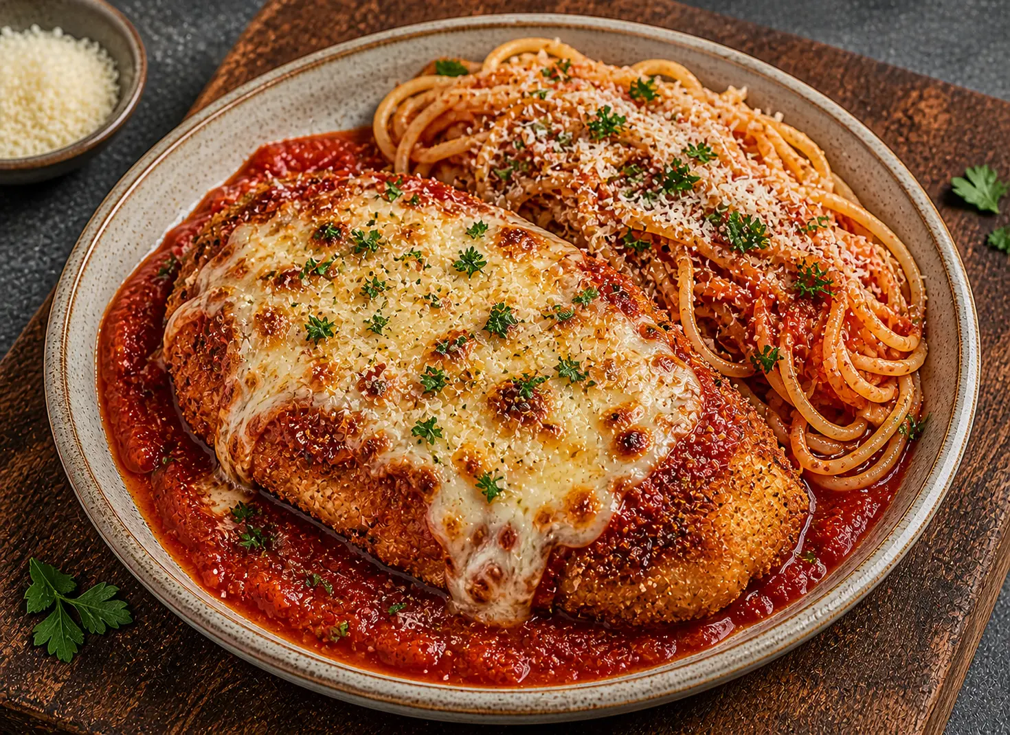 Crispy chicken Parmesan with panko breading melted mozzarella and San Marzano tomato sauce served over spaghetti for Mother's Day dinner