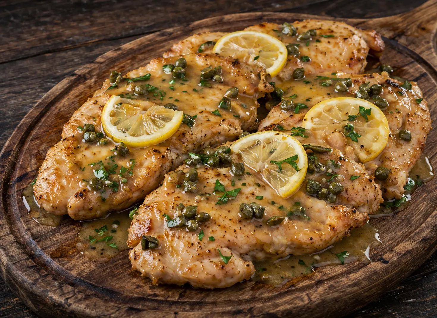 Chicken piccata with lemon caper butter sauce served over angel hair pasta for an elegant Mother's Day dinner