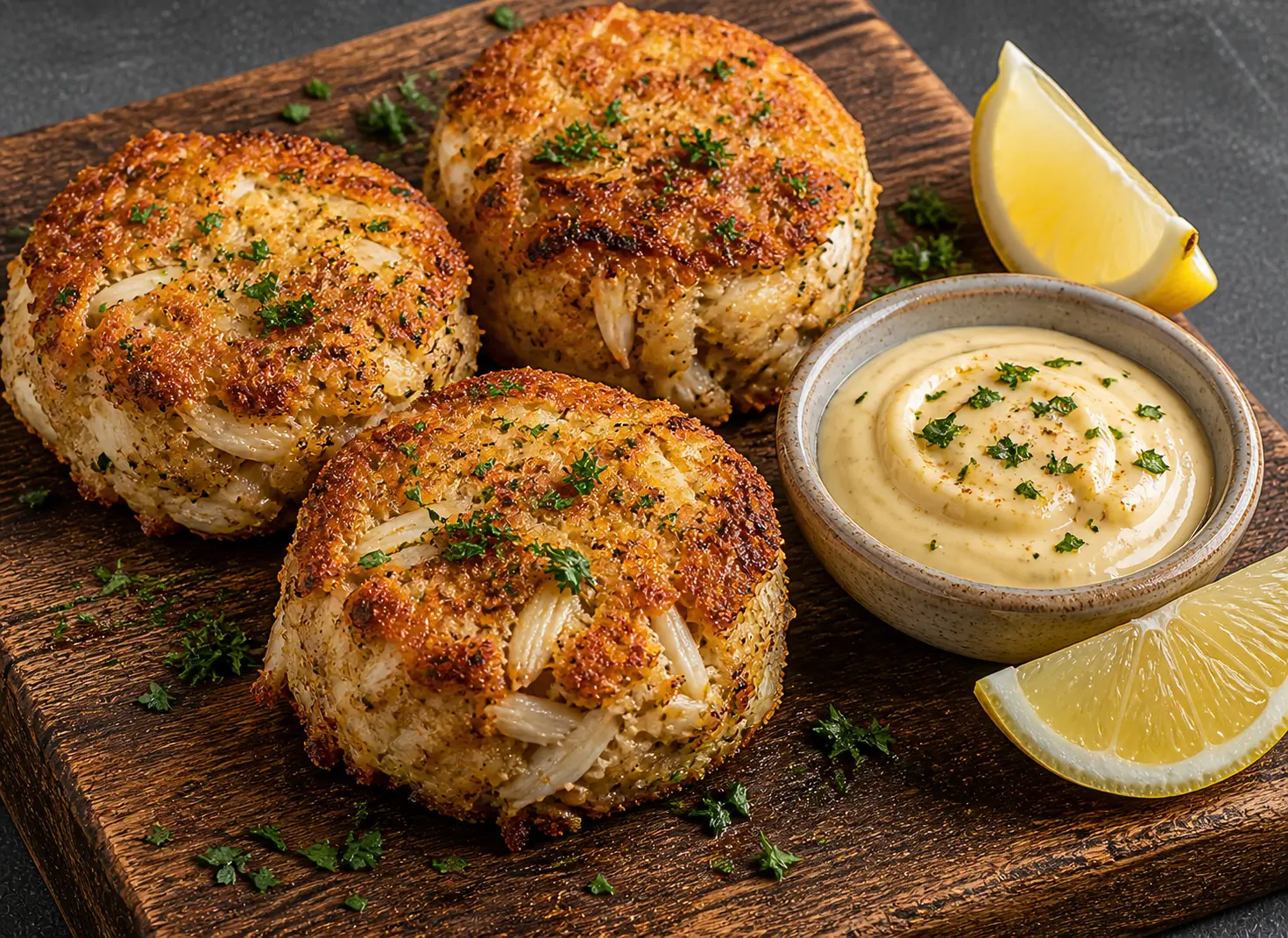 Homemade crab cakes with golden crispy exterior served with homemade lemon garlic aioli for an elegant Mother's Day dinner starter