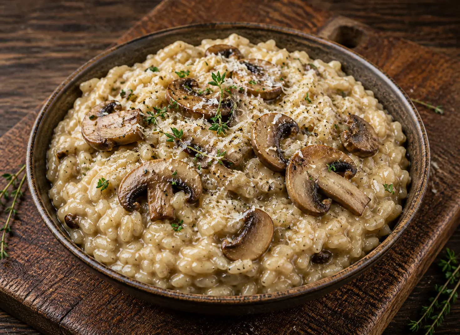 Creamy mushroom risotto with Parmesan cheese and fresh thyme in a white bowl for vegetarian Mother's Day dinner ideas