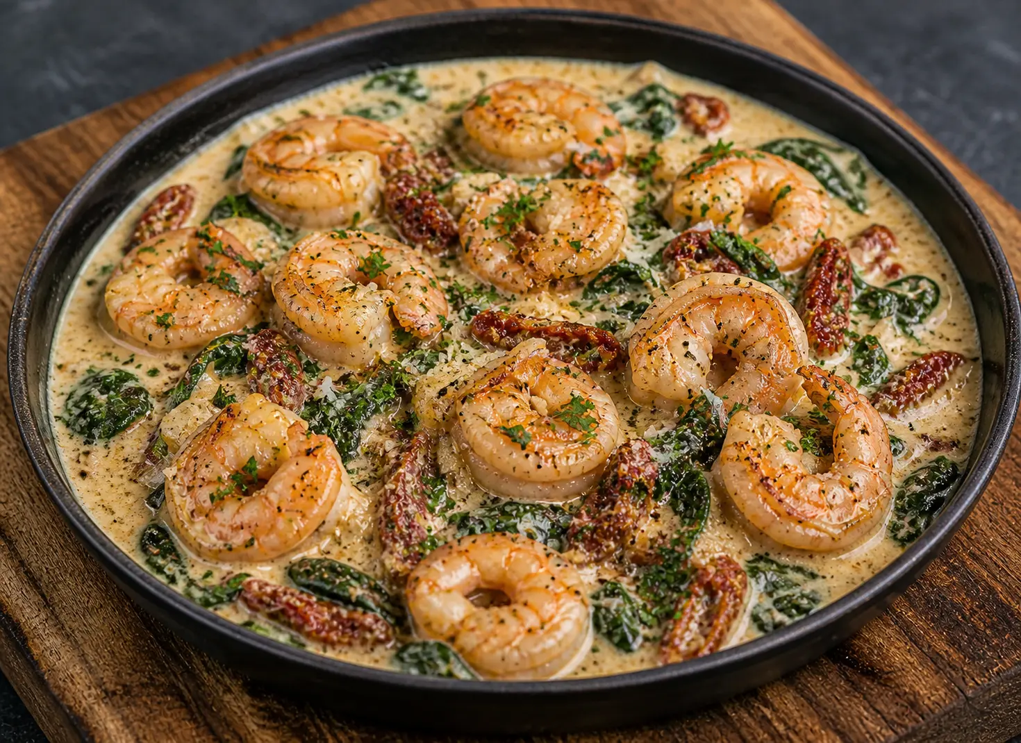 Creamy Tuscan shrimp with sun-dried tomatoes spinach and Parmesan in a cream sauce for a quick Mother's Day dinner