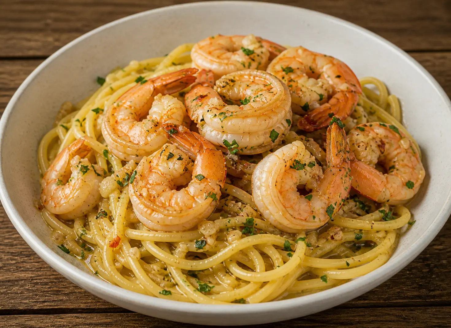 Garlic butter shrimp scampi with linguine pasta lemon and parsley in a white wine sauce for Mother's Day dinner