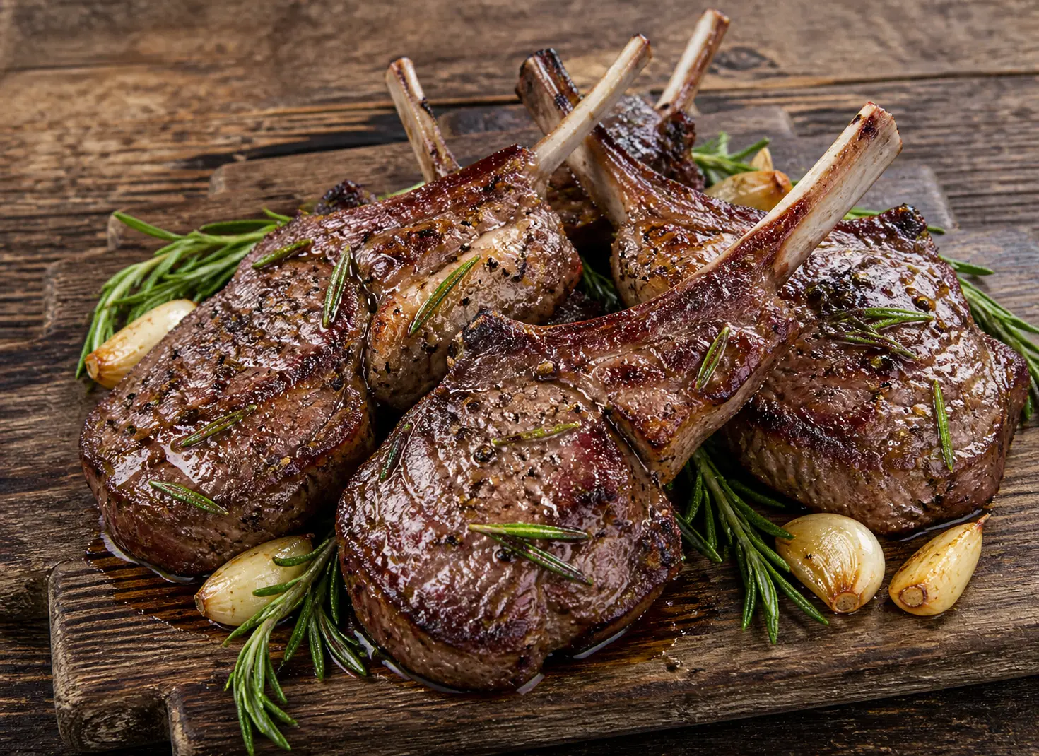 Garlic rosemary grilled lamb chops with charred crust served with mint yogurt sauce and roasted potatoes for a gourmet Mother's Day dinner