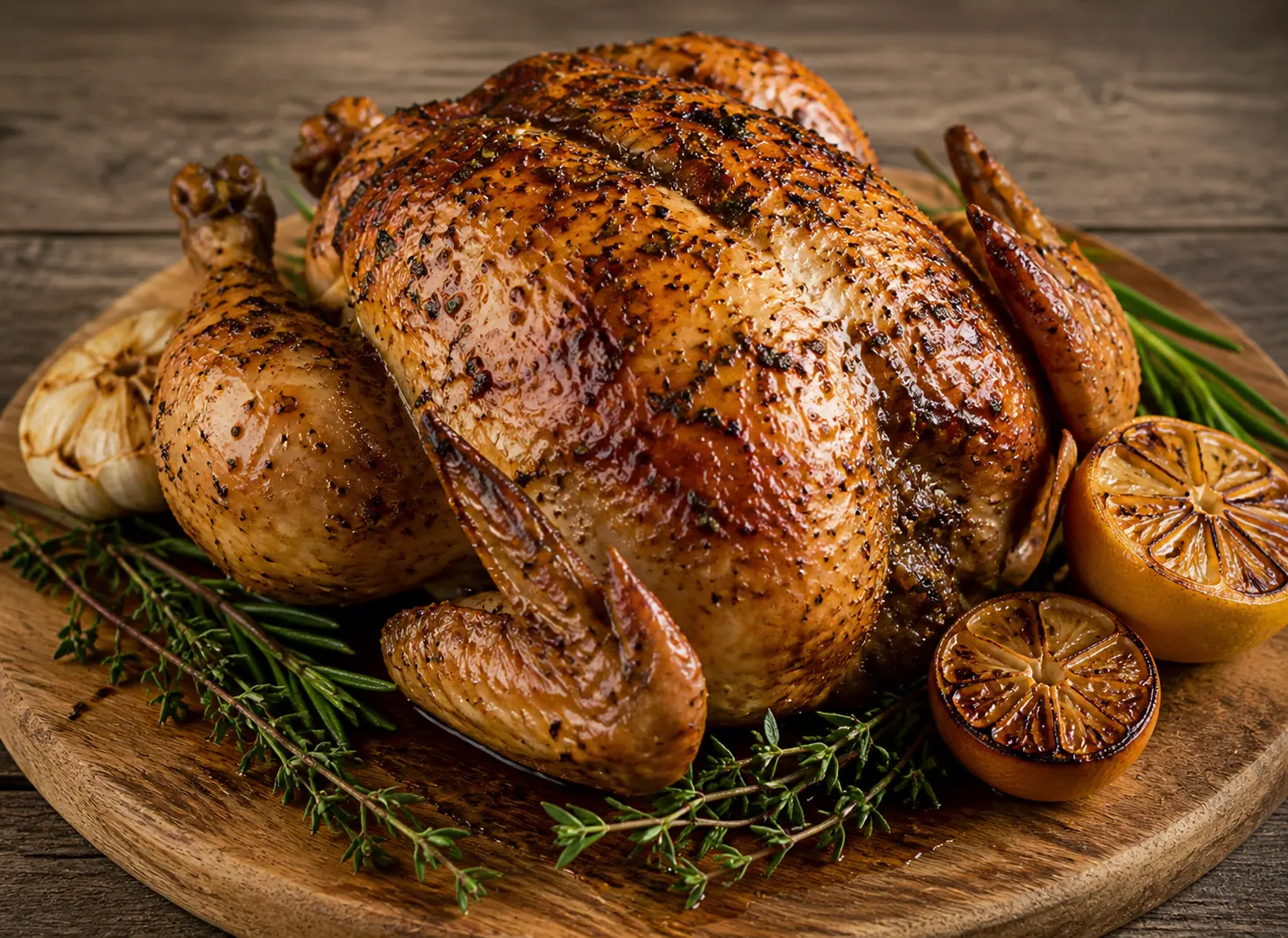 Herb-roasted whole chicken with golden crispy skin served with mashed potatoes and asparagus for Mother's Day dinner