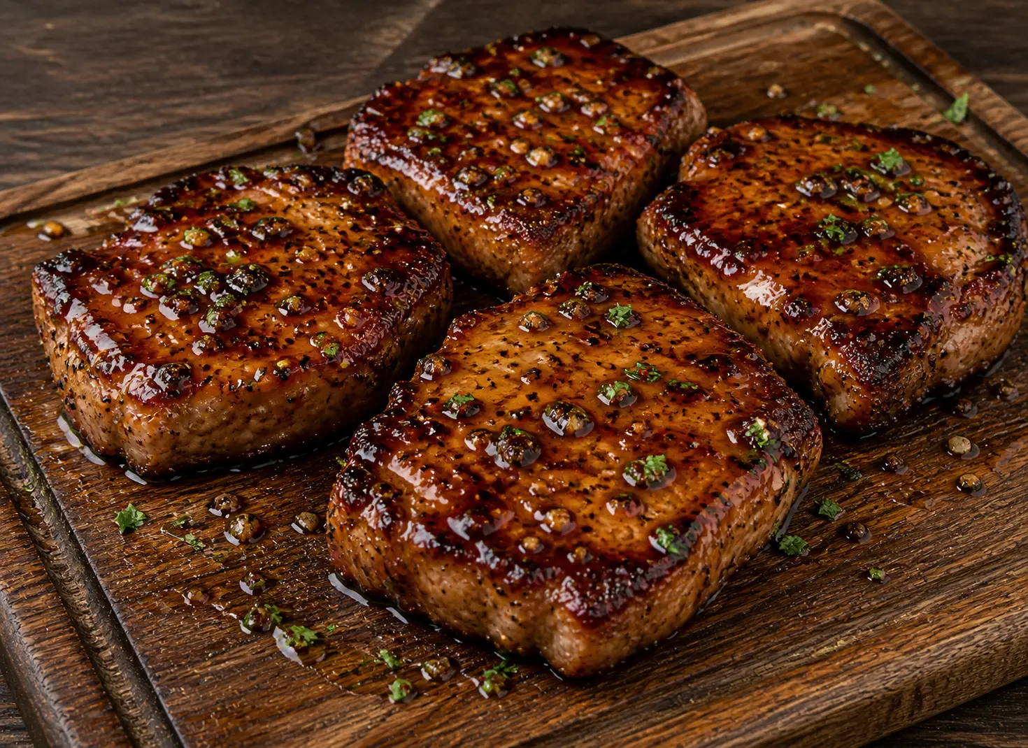 Honey garlic glazed pork chops with a sticky caramelized glaze served with sweet potatoes and broccolini for Mother's Day