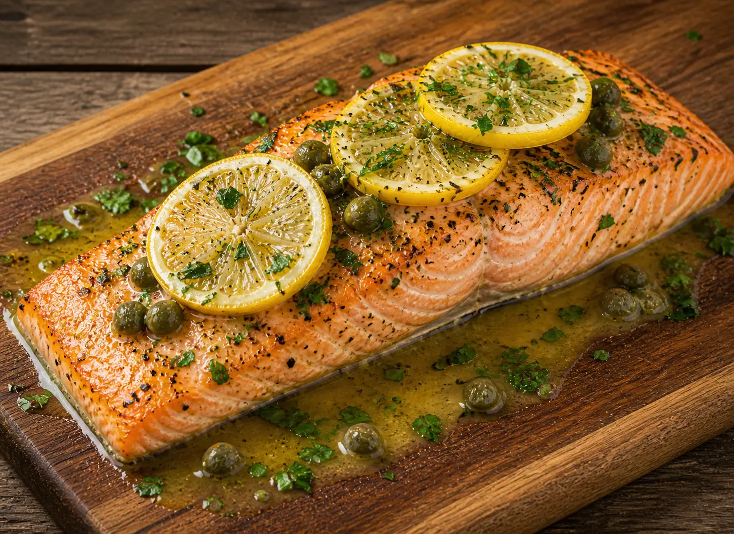 Lemon butter baked salmon fillet with fresh dill and capers plated with wild rice and green beans for Mother's Day