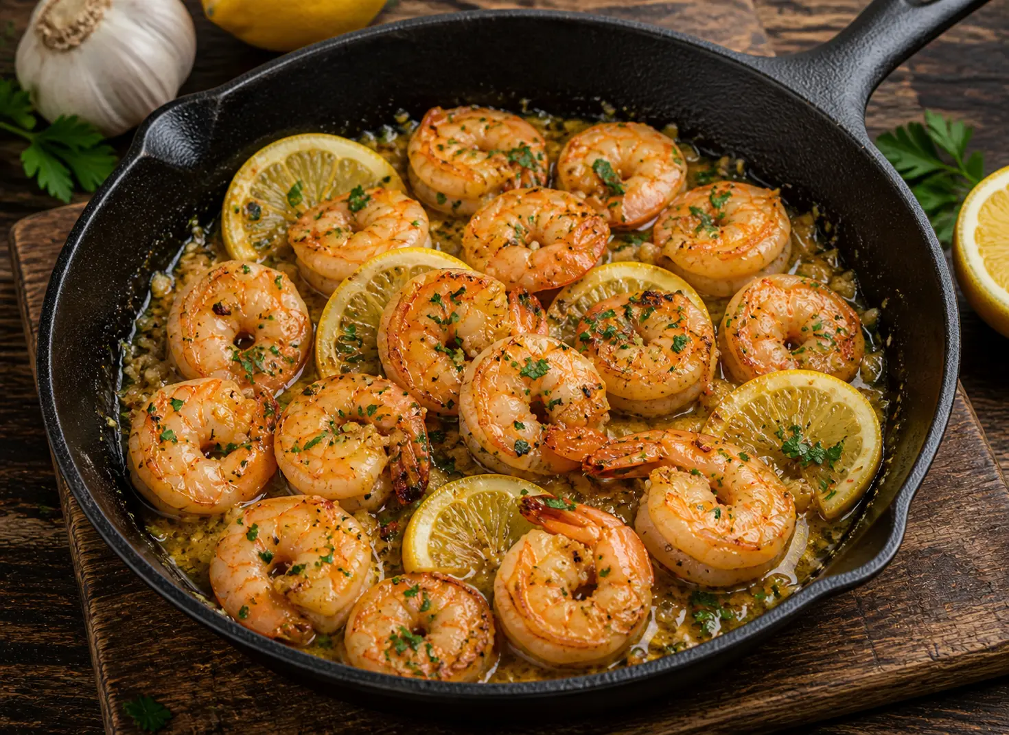 Lemon garlic butter shrimp skillet with jumbo shrimp parsley and red pepper flakes in a sizzling pan for a quick Mother's Day dinner