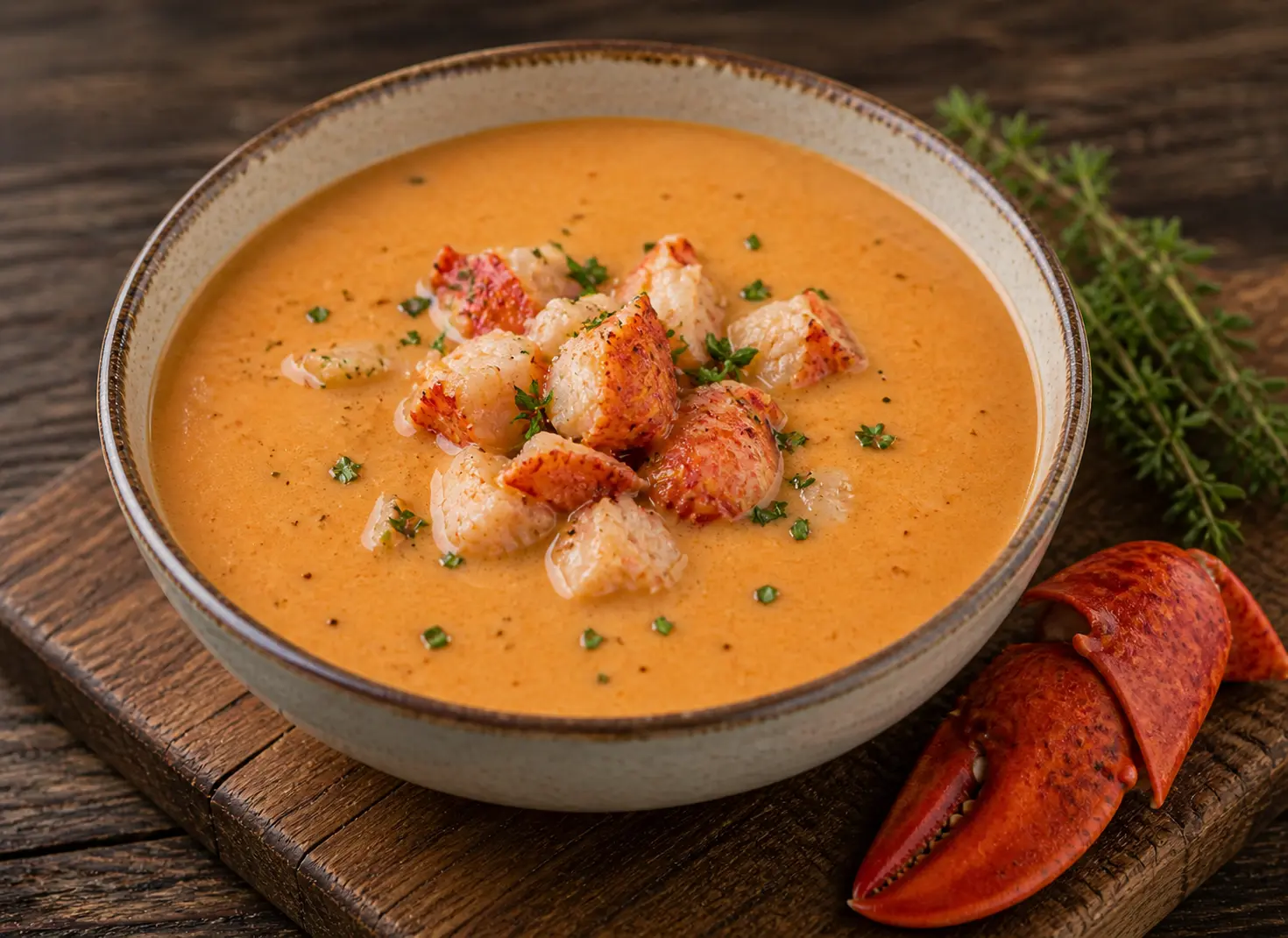 Creamy lobster bisque soup in an elegant white bowl with a swirl of cream and tender lobster pieces for Mother's Day dinner