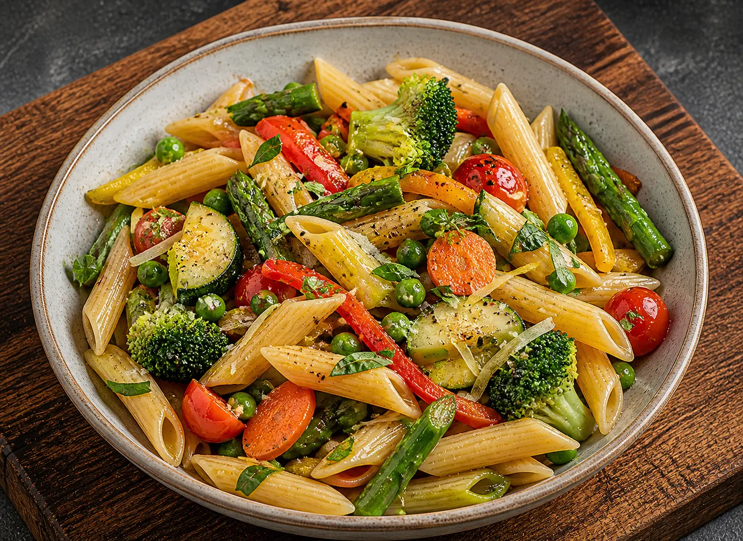 Spring pasta primavera with asparagus peas cherry tomatoes zucchini in a light lemon cream sauce with Parmesan for Mother's Day dinner