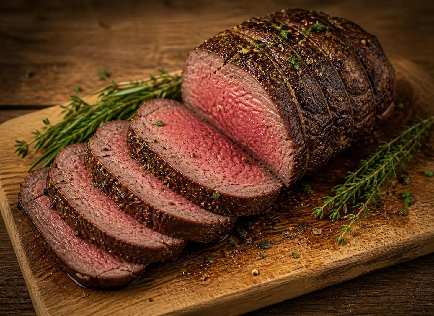 Perfectly roasted beef tenderloin sliced on a platter with horseradish sauce and fingerling potatoes for Mother's Day dinner