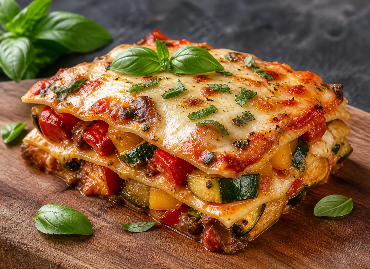Roasted vegetable lasagna with layers of zucchini eggplant spinach ricotta and mozzarella baked golden for a Mother's Day dinner
