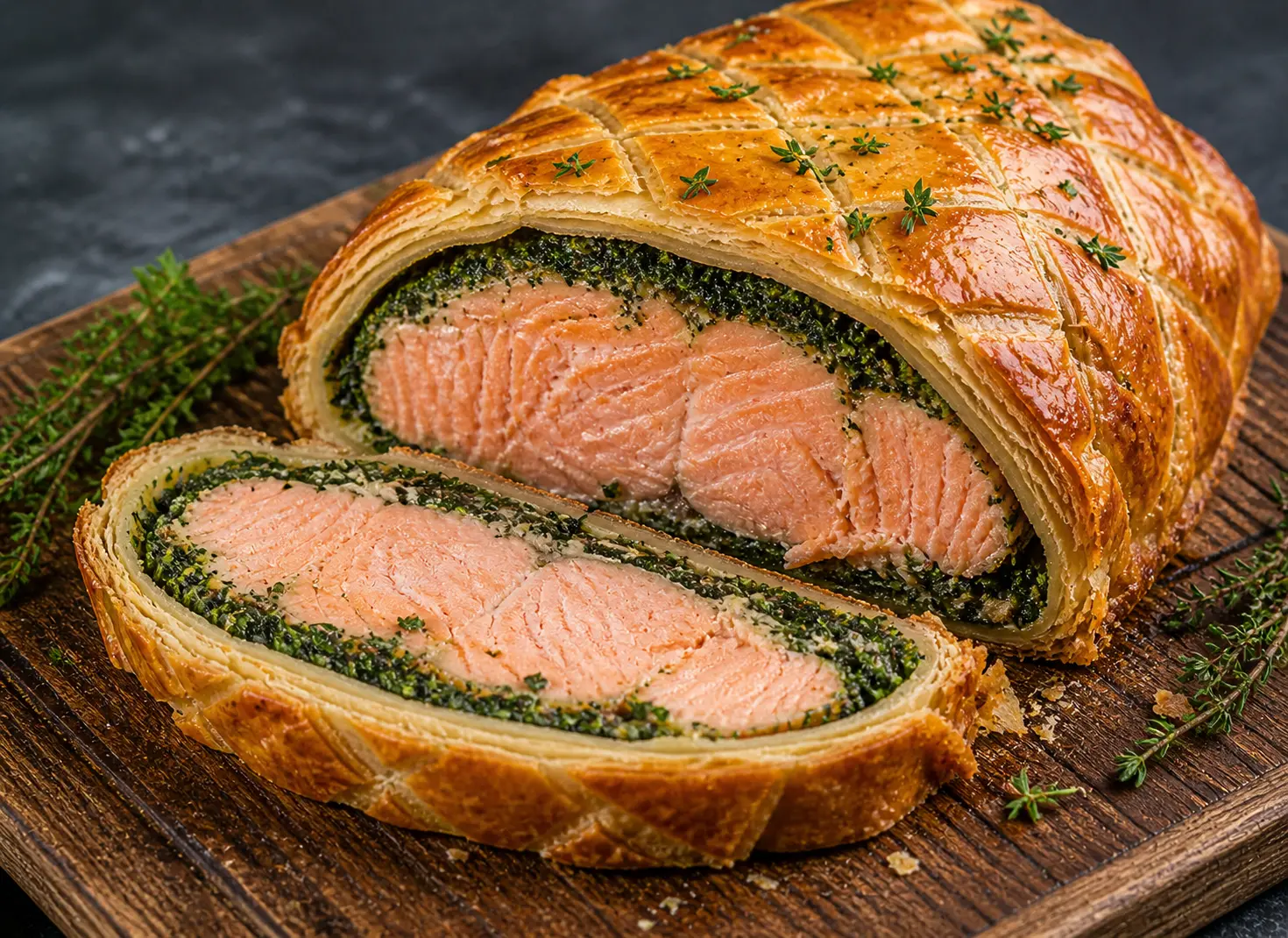 Salmon en croute wrapped in golden flaky puff pastry with cream cheese dill and spinach filling for an elegant Mother's Day dinner