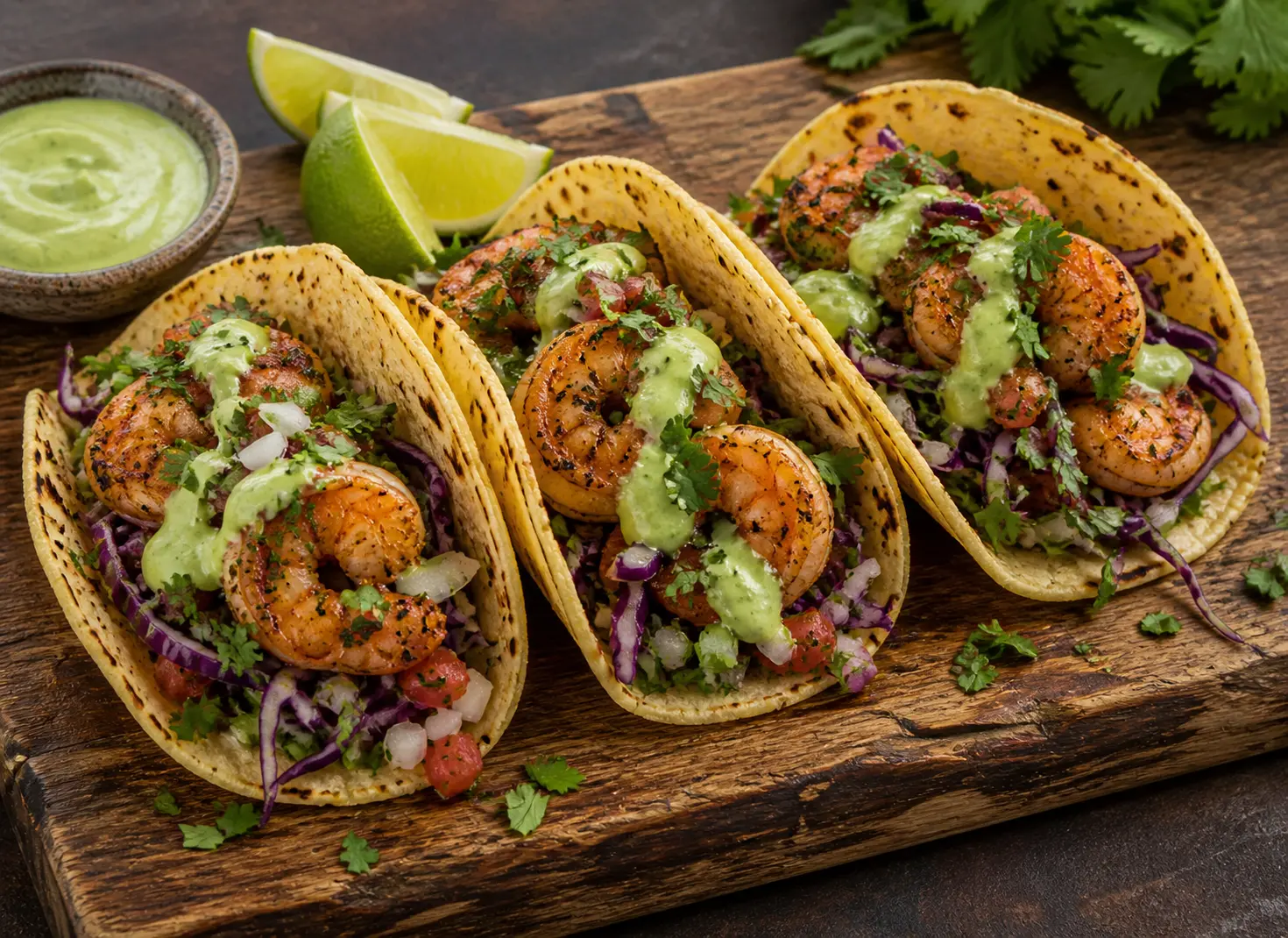 Chili lime shrimp tacos in corn tortillas with avocado crema cabbage slaw and pico de gallo for a fun Mother's Day dinner