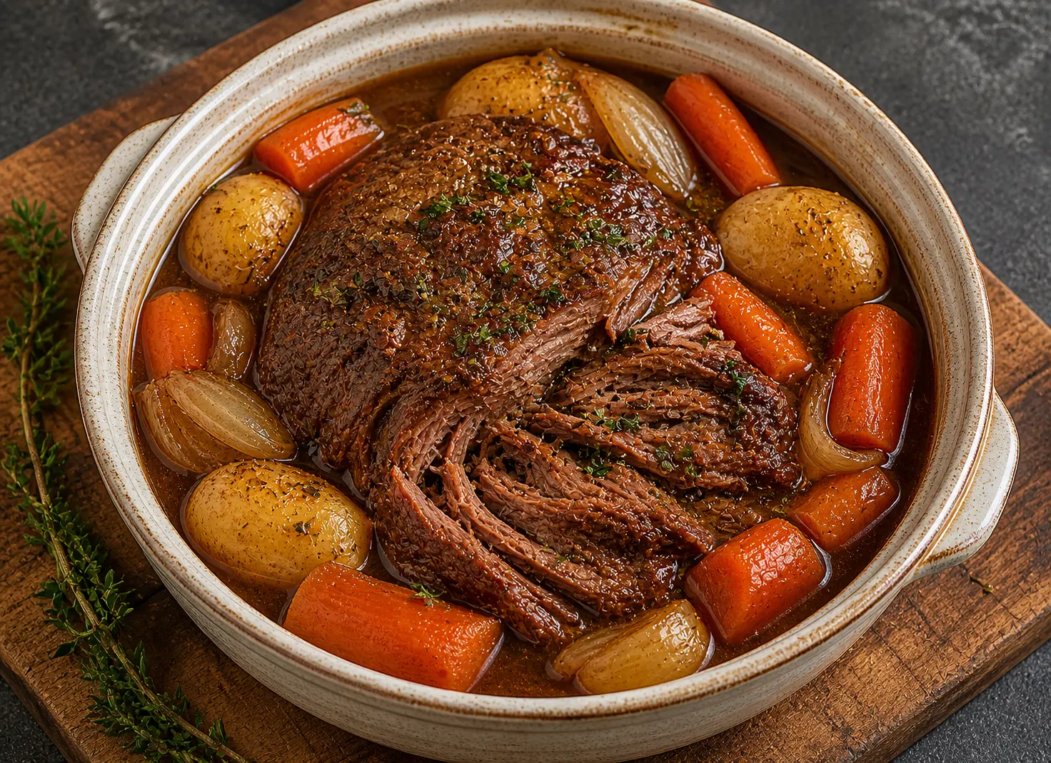 Slow cooker pot roast with tender fall-apart beef carrots and potatoes in rich pan juices for an easy Mother's Day dinner