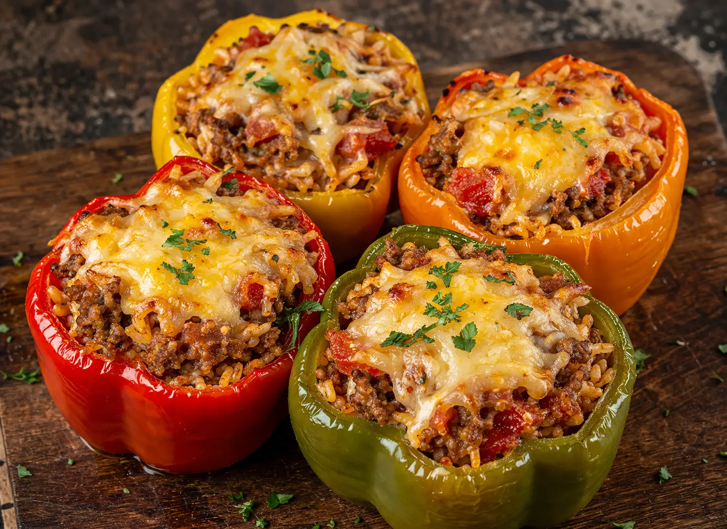 Colorful stuffed bell peppers filled with ground beef rice tomatoes and melted cheese baked for a Mother's Day dinner